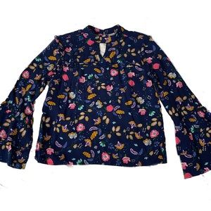 Girl’s Floral Navy Blue Flared Sleeve Blouse